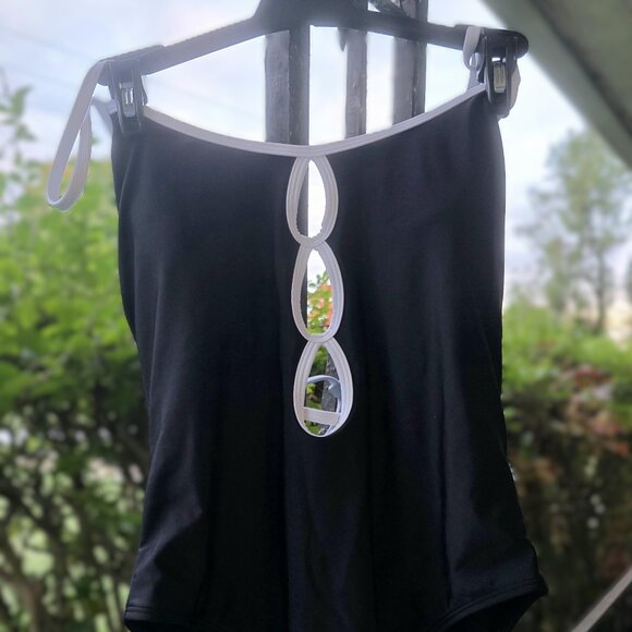 Black One-Piece Swimsuit with White Accents Size Large NWT - Picture 2 of 6